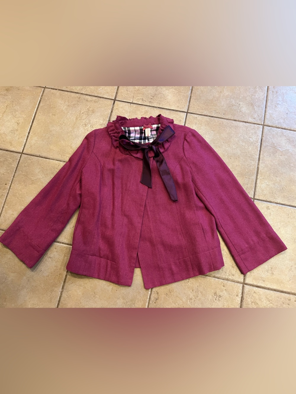 DownEast Womens Raspberry Ribbon-Accent Cropped Jacket